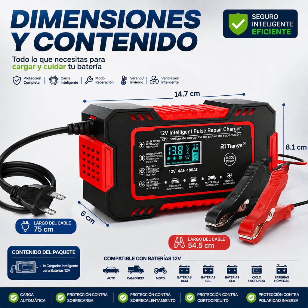 Cargador Inteligente 12V 6A con Pantalla LCD – Carga y Reparación de Baterías(Motos y Carros)