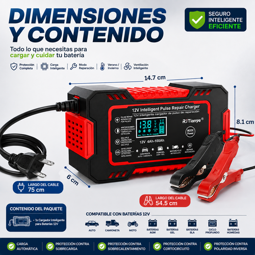 Cargador Inteligente 12V 6A con Pantalla LCD – Carga y Reparación de Baterías(Motos y Carros)