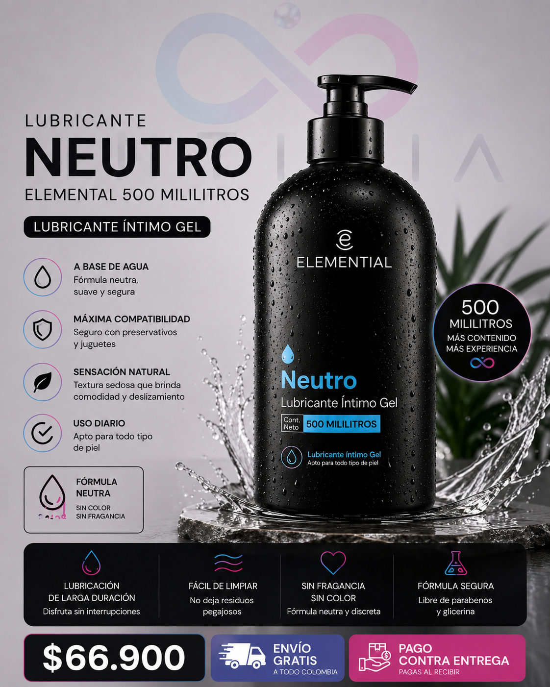 Lubricante Íntimo Neutro Elemental 500 Mililitros – Gel Base Agua