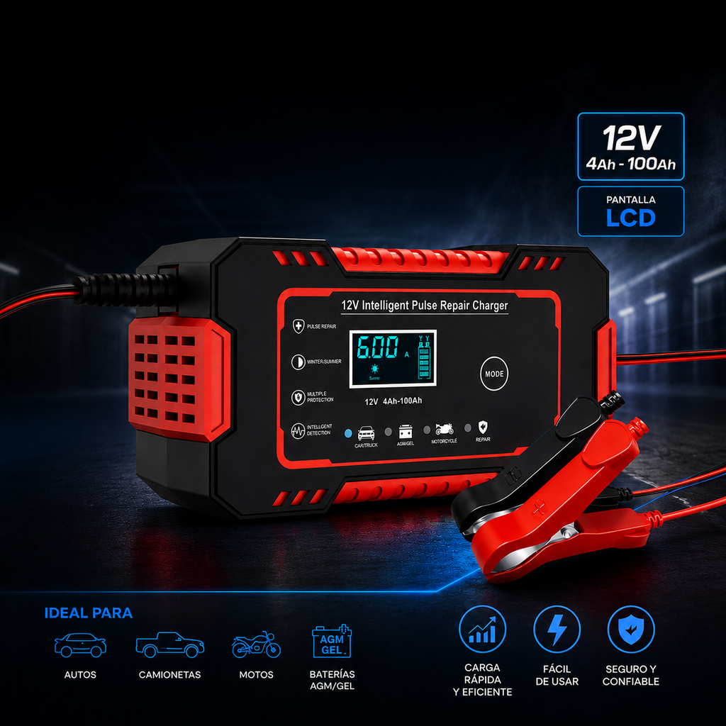 Cargador Inteligente de Baterías 12V con Pantalla LCD y Reparación por Pulsos